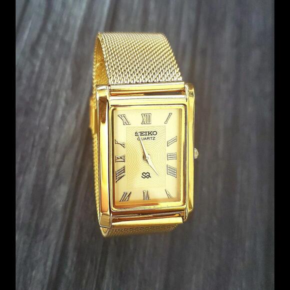 Vintage Tank Rectangular Slim Seiko Champaign Dial Milanese band Mens Watch 🌟 - Picture 5 of 8